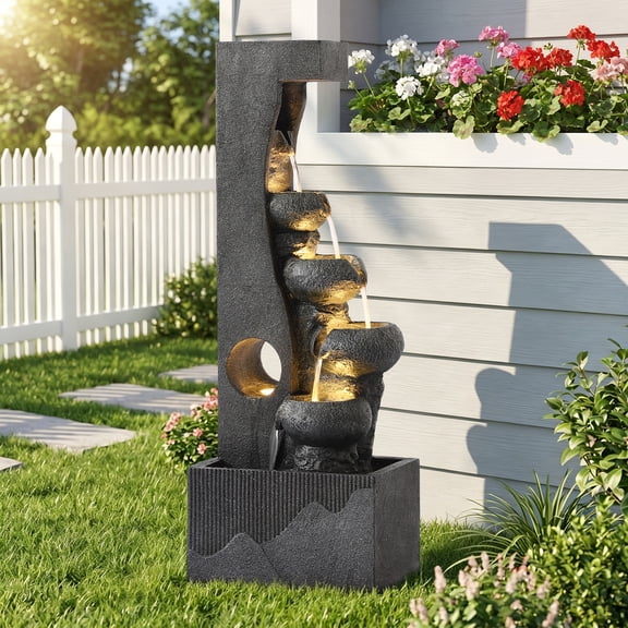 Magic Union 4-Tier Outdoor Water Fountain with LED Lights, 39.2" Tall Resin Cascading Waterfall Fountain with Planter Areas, Modern Calming Water Feature for Patio Balcony Deck Garden Yard Decor