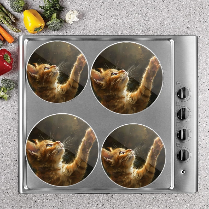 BaHomeck Electric Stove Burner Covers Set of 4,Round Metal Gas Stove Burner Covers 8 Inch and 10 Inch,Kitchen Decor,Cute Cat Reaching Up Paws With The Sunlight Shines