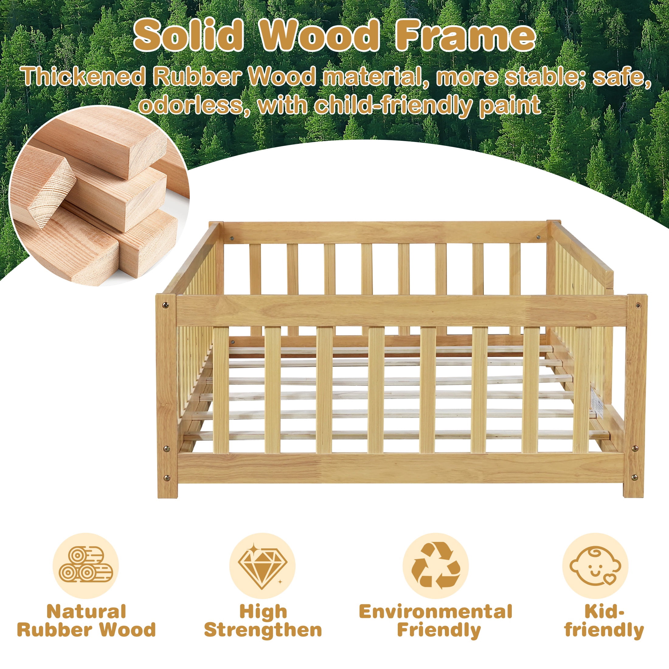 PORKISS Twin Floor Bed with Guardrails, Natural Montessori Floor Bed Frame for Kids, Wood Toddler Bed Frame with Slats, Low Profile Kids Bed, Open Entry, No Box Spring Needed