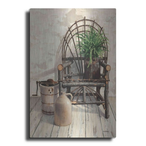 Luxe Metal Art 'Wicker Chair With Ice Cream Churn' by Cecile Baird, Metal Wall Art, 16"x24"