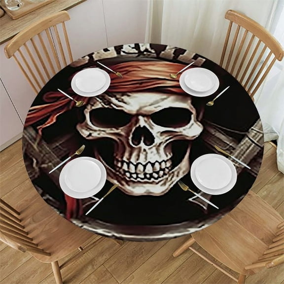 BANET Pirates Tablecloths Round Tablecloth Skull with Crossed on a Black Background Tablecloths for Dining Kitchen Wedding and Parties 31"-35