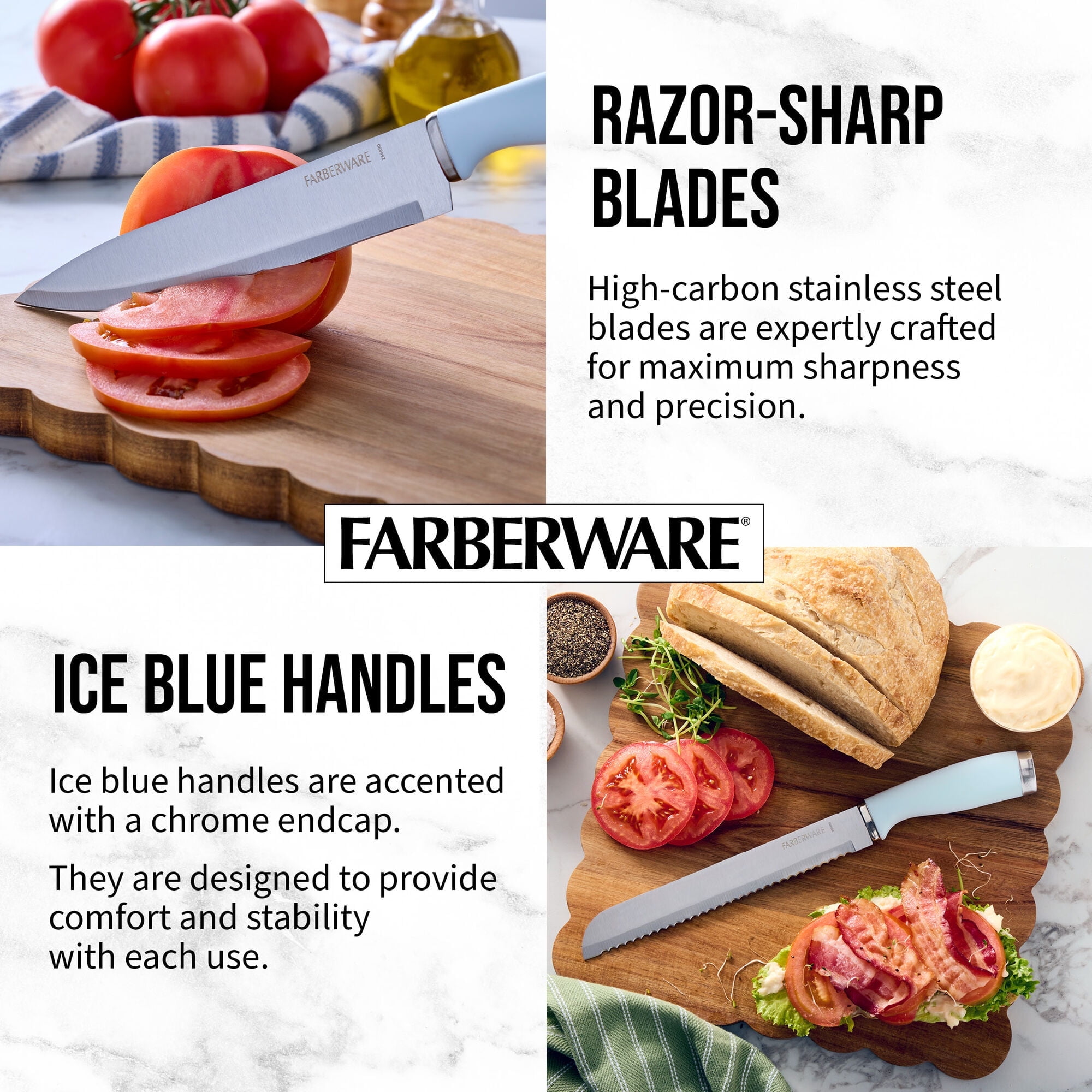 Farberware Classic 16-Piece Natural Knife Block Set with Kitchen Shears, Ice Blue