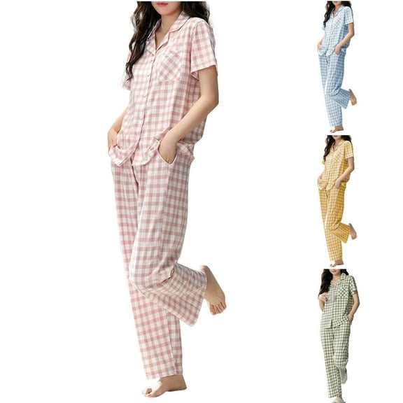 Weiqiqre Womens Two Piece Sets Summer Button Down Short Sleeve Babydoll Shirt Gingham Pants Pj Lounge Set Sleepwear