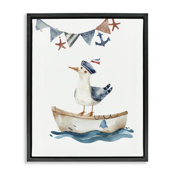 Stupell Industries Cute Sailor Seagull Animals Painting Black Floater Framed Canvas Art Print Wall Art, 17 x 21