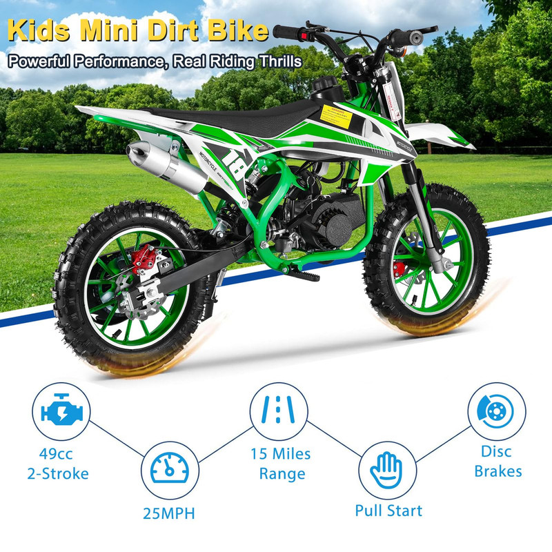 Seipouy 49cc 2-Stroke Kids Dirt Bike,New Upgraded Off-Road Mini Bike with Front & Rear Disc Brake,Max Load 220 lbs,Off Road Gas Power Dirt Bikes for Kids 8-14,Mini Dirt Bike with Max Speed 40km/H
