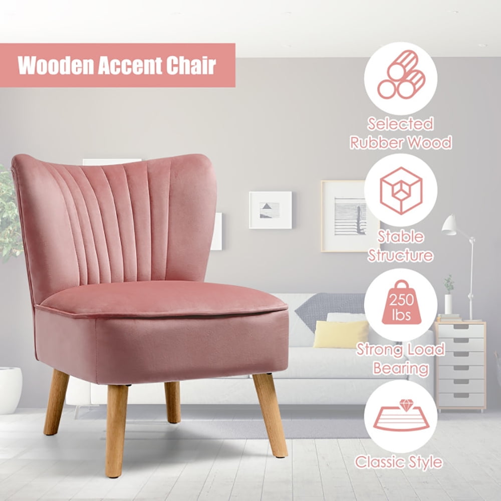 Finihen Velvet Accent Chair, Modern Armless Velvet Accent Chair with Wood Legs, Thickly Padded, Armless Wingback Club Chairs for Living Room, Bedroom, Pink