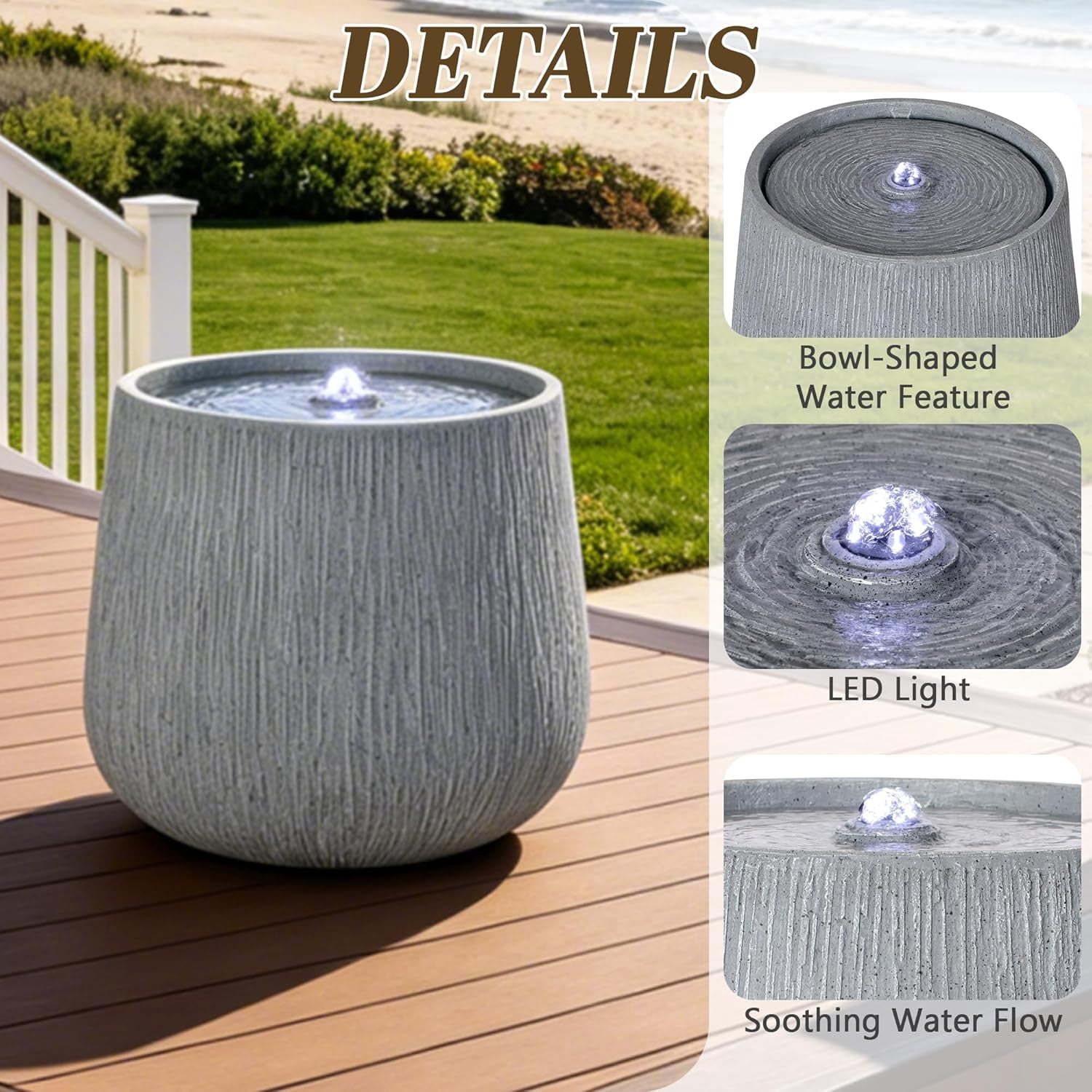 12.99" H Water Fountain Outdoor with LED Light, Bowl-Shaped Garden Fountain Indoor/Outdoor Water Feature for Garden Patio Yard Decor