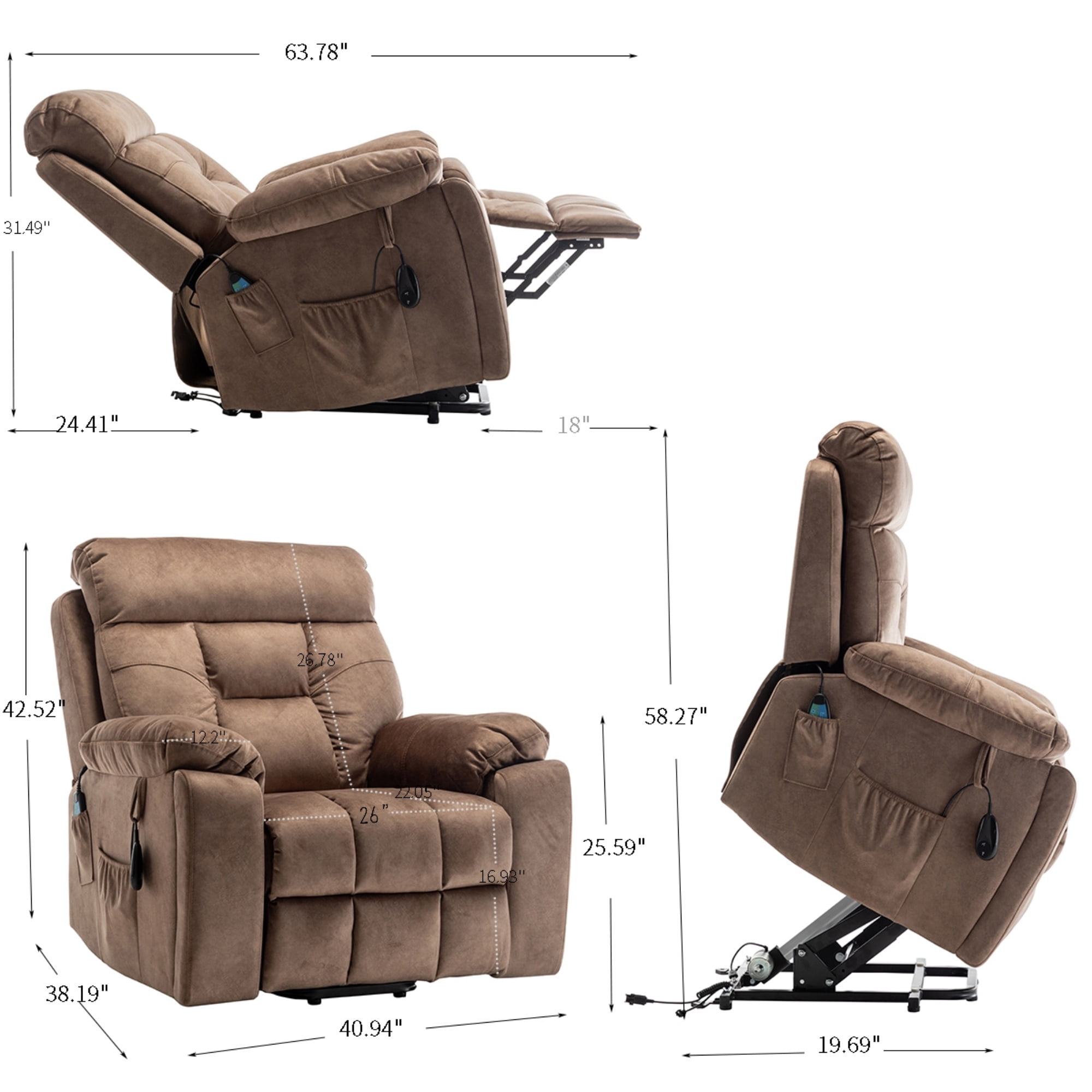 Power Lift Recliner Chair for Father/Mother Gift, 26" Wide Velvet Electric Massage Recliner with Massage & Heat, Living Room Chair, Antique Brown