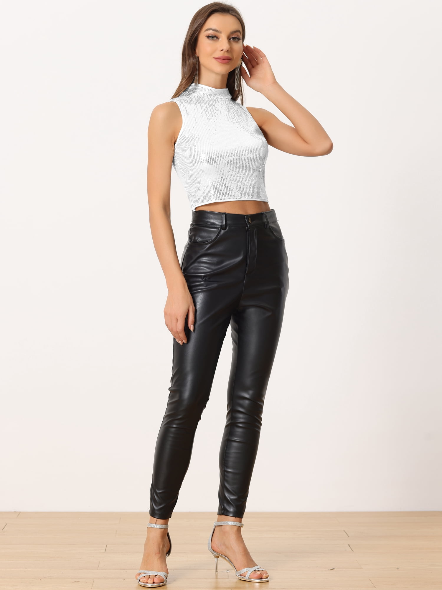 DARING DIVA Women's Sleeveless Party Metallic Sparkly Tops XL Silver
