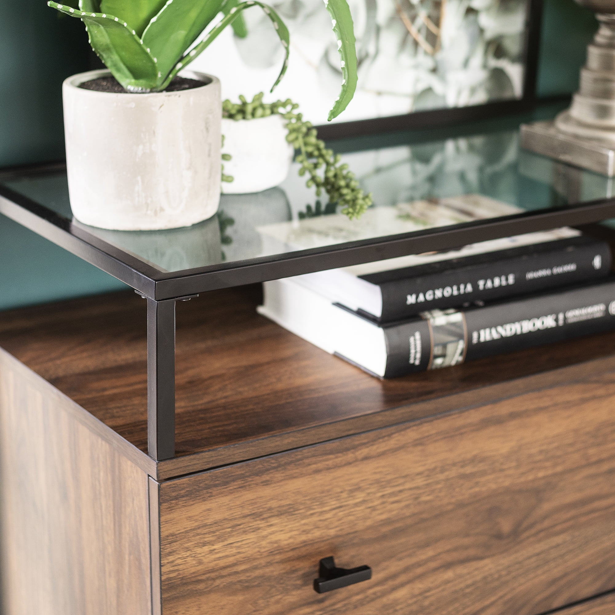 Manor Park Modern Glass Top 3-Drawer Dark Walnut Storage Cabinet