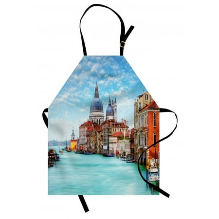 Turquoise And Orange Kitchen Italy Apron Grand Canal and Basilica Santa Maria della Salute Historical Architecture, Unisex Kitchen Bib Apron with Adjustable Neck for Cooking Baking Gardening, Blue Turquoise Orange, by Ambesonne ()
