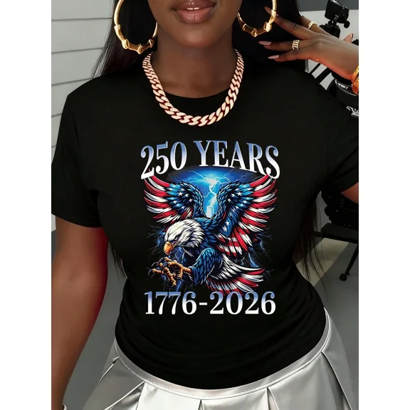Women's Patriotic Eagle Graphic T-Shirt, 250 Years 1776-2026 USA Sestercentennial Short Sleeve Tee, Black