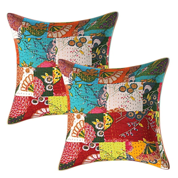 Stylo Culture Ethnic Settee Sofa Throw Pillow Covers 16 x 16 Kantha Patchwork Multi Color Traditional 40cm x 40cm Home Decor Cotton Tropicana Square Cushion Covers | Set Of 2