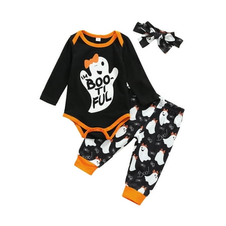 

JYYYBF Autumn Halloween Infant Baby Girls 3Pcs Outfits Long Sleeve Ghost Letter Romper + Pants + Headband Clothes Set Black 12-18 Months