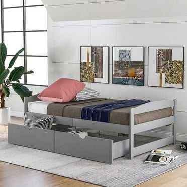 Wooden Twin Daybed with 2 Drawers, Twin Size Captain’s Bed, Twin Platform Bed for Kids Guests, No Box Spring Needed (Gray)
