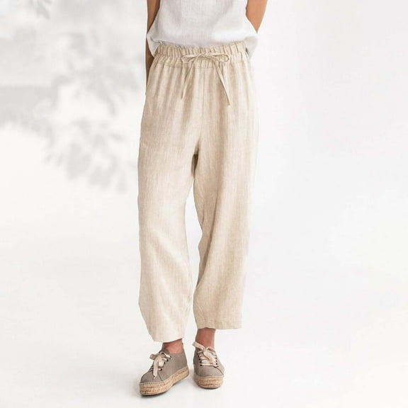 IDALL Linen Pants Women Petite Pants Women Solid Color Cotton And Linen Drawstring Pocket Elastic Waist Casual Women Pants Baleaf Pants Women Summer Pants Khaki L