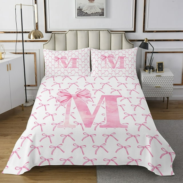 Erosebridal Kawaii Bowknot Coverlet Set King,Initial Letter Bedding Set,Monogrammed Decor,Breathable,3 Pieces