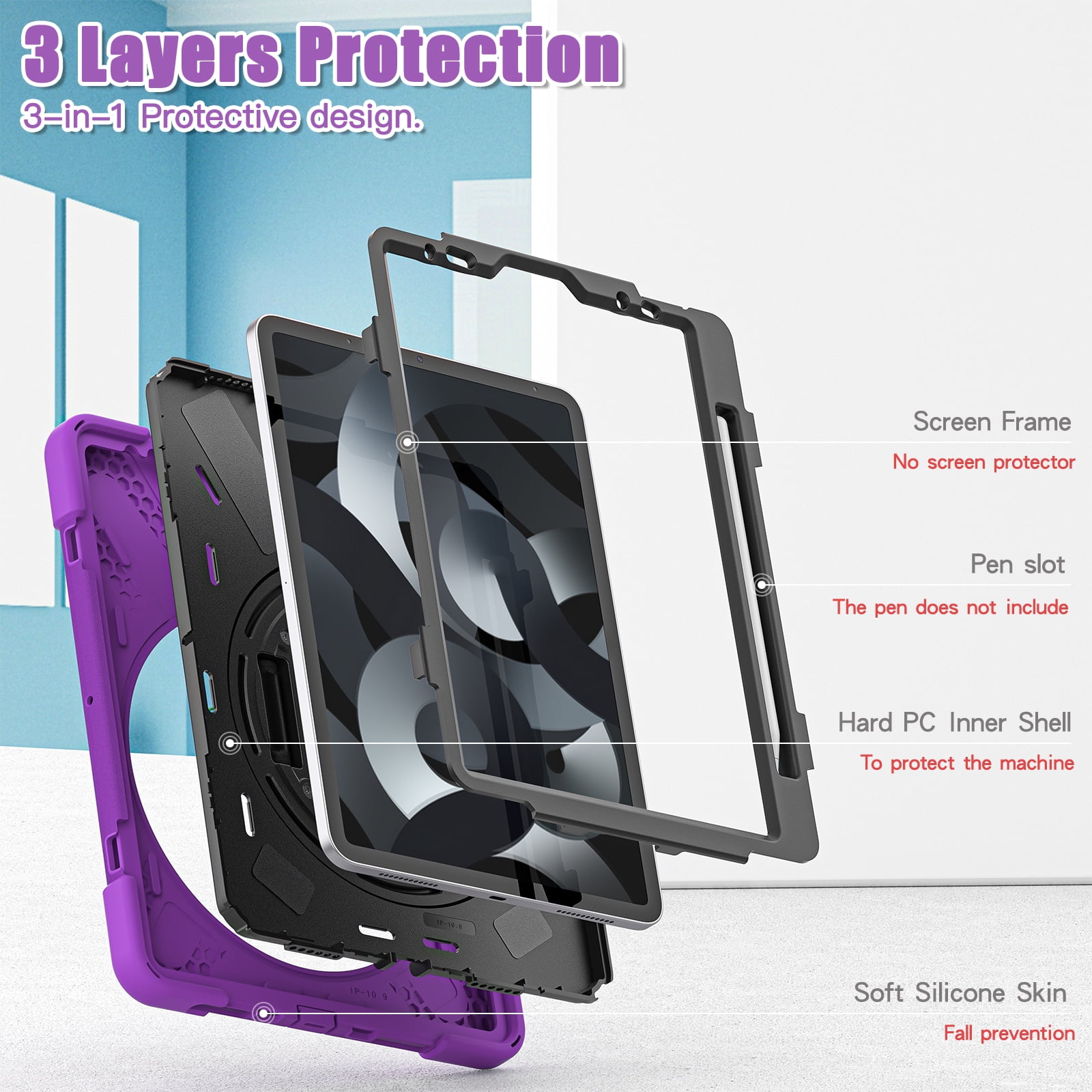 ELEHOLD Case For Apple iPad 11th(A16) 2025/10th Gen 2022, Military Grade Silicone Hybrid Rugged Case with Pencil Holder Rotating Stand Hand/Shoulder Strap,Purple