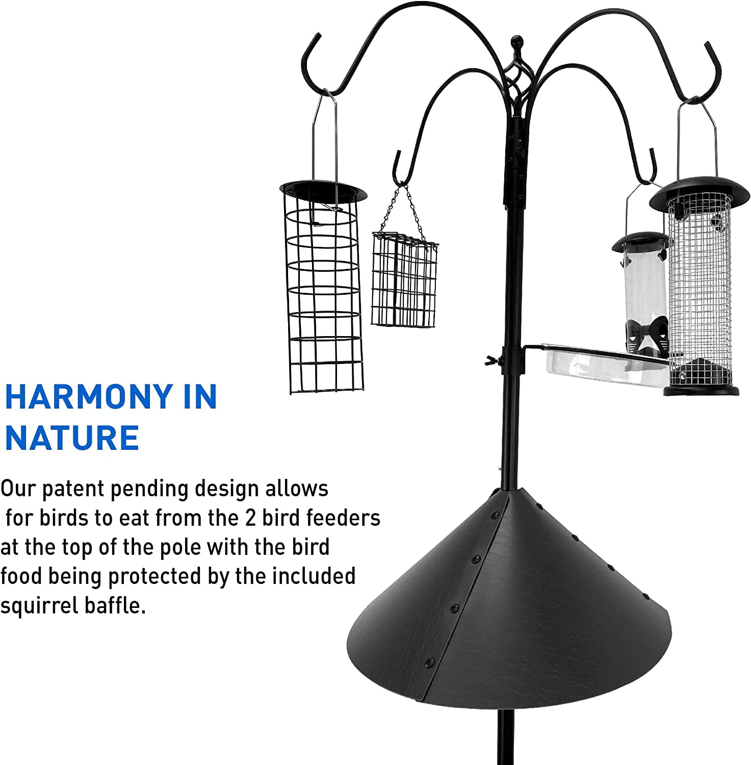 Squirrel Proof Bird Feeder  Wild Bird Station - Powder Coated 81 Inch Steel Pole  Squirrel Baffle  4 Bird Feeders  1 Squirrel Peanut Feeder - 5 Prong Base  PATENTS PENDING