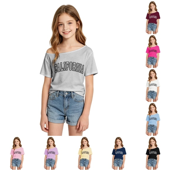 SGMVNU Cute Tops for Girls Off Shoulder Casual Crew Neck Short Sleeves City Name Graphic Top Girls Clothes, Size 11-12 Years, Grey