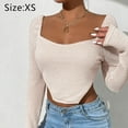 thumbnail image 2 of Camisetas recortadas con dobladillo asimétrico ajustado y cuello cuadrado para mujer, Top corto liso tejido de manga larga, 2 of 5