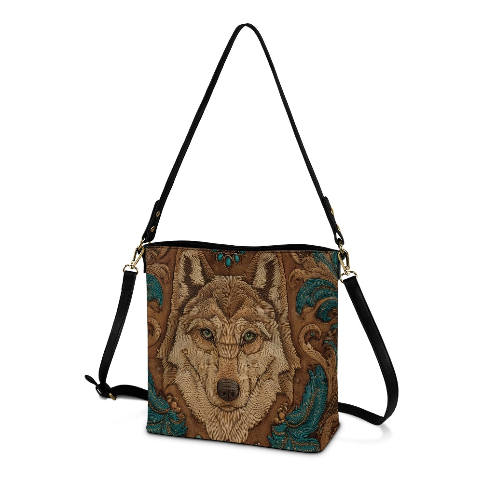 Kuiaobaty Wolf Print Bucket Crossbody Bag for Women Lady, Waterproof Vegan Leather Bucket Tote Bag Handbag Crossbody, Lightweight Shoulder Purse with Adjustable Strap for Travel, Brown