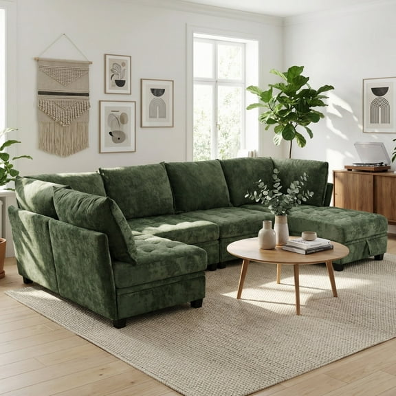 Advwin 5-Seater Oversized Modular Sectional Sofa with Storage Under Each Seat & Ottoman, Modern Chenille Sectional Couch Sleeper with Extra Wide & Deep Seats for Living Room, Green