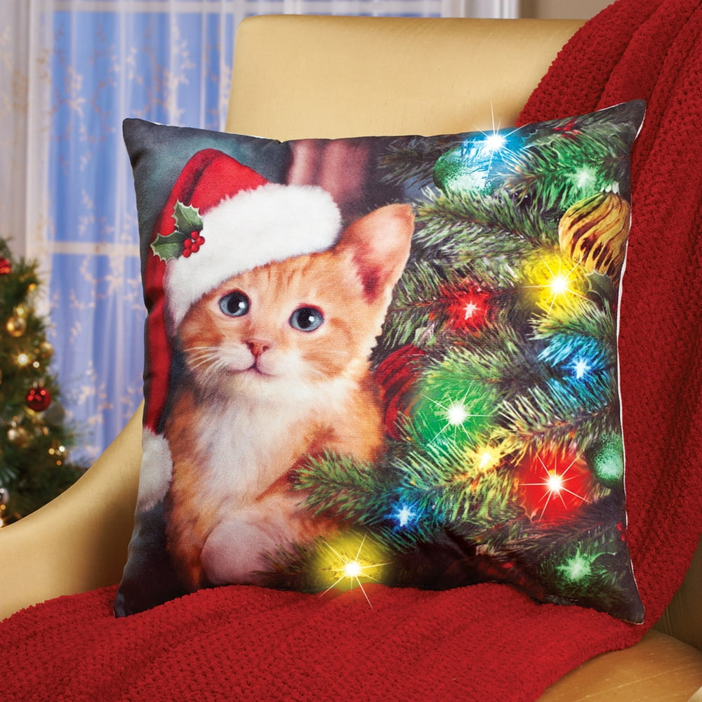 LIGHTED CHRISTMAS KITTY CAT THROW PILLOW CUSHION
