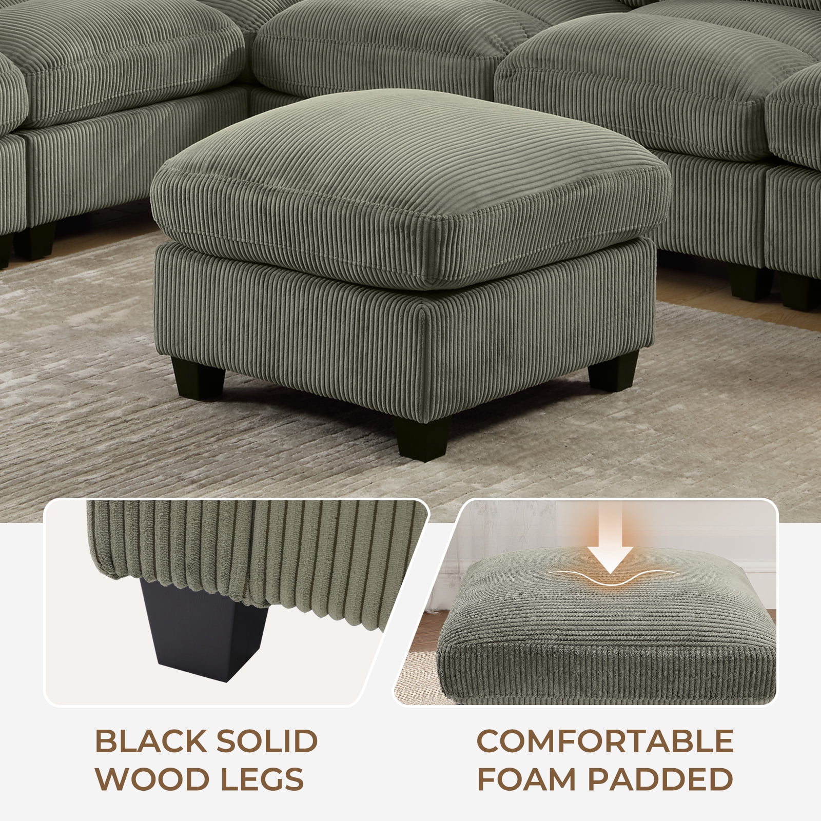 Bonzy Home Ottoman Modular Sectional Sofa Elegant Footrest Trendy Addition to Any Room, Comfort Meets Style for Living Room Bedroom Green