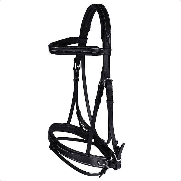 REAL LEATHER HORSE BRIDLE BLACK/WHITE PADDED WITH RUBBER REINS FOR EXTRA COMFORT 