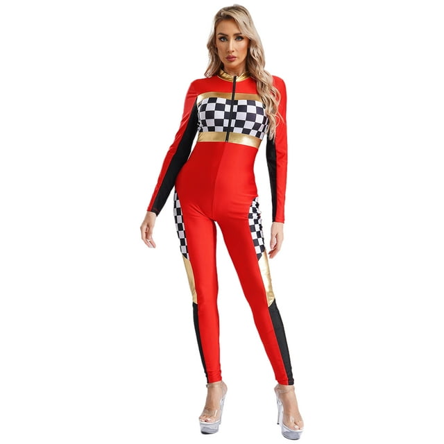 iiniim Combinaison Pilote de Course pour Femmes Halloween Cosplay Costume Manches Longues Pantalon Long Combinaisons à Carreaux Rouge P