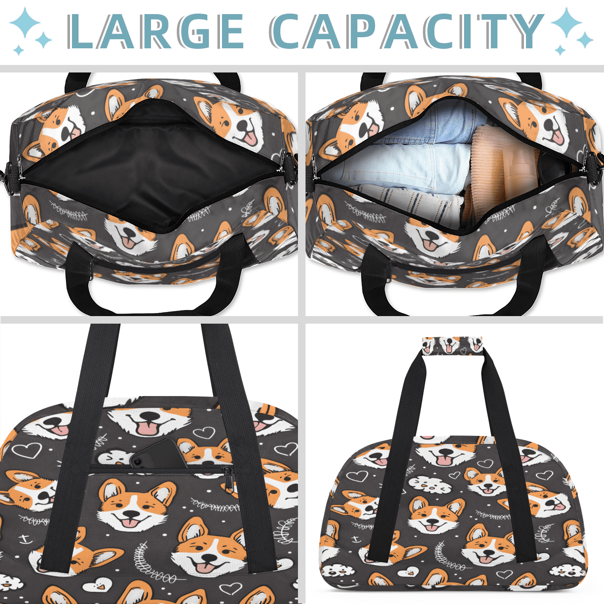 Herdesigns Sports Duffle Bags Travel Duffle Bag Gym Bag Cute Welsh Corgi Dog Weekender Travel Bag Waterproof Overnight Bag Carry On Travel Tote Bag Dance Bags
