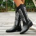 thumbnail image 3 of Wide Calf Cowboy Boots for Women 2025 Black White Slouch Leather Pointed Toe Low Heel Western Knee High Cowgirl Riding Boots Black Size 7.5, 3 of 7