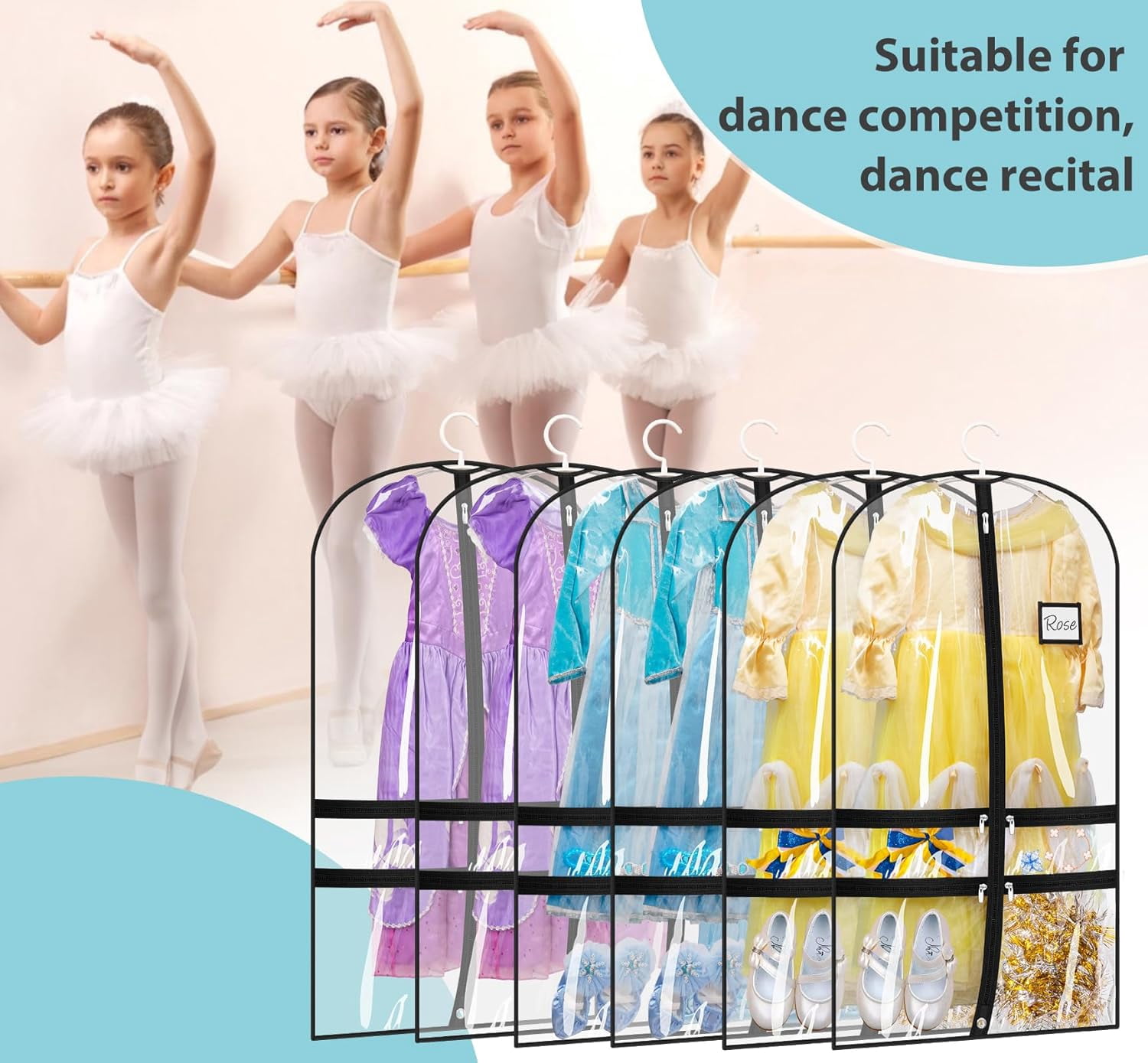 6 Packs Clear Dance Garment Bags for Dancers with 4 Pockets, 40" Kids Dance Costume Garment Bag for Travel and Dance Competition, Hanging Clothes Storage for Dress, Uniform, Black