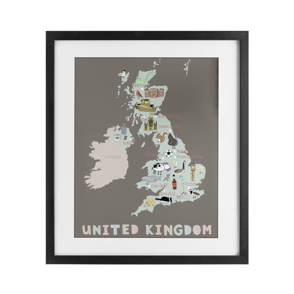 Kid's Map of United Kingdom Black Framed Print Under Glass, design by Carla Daly