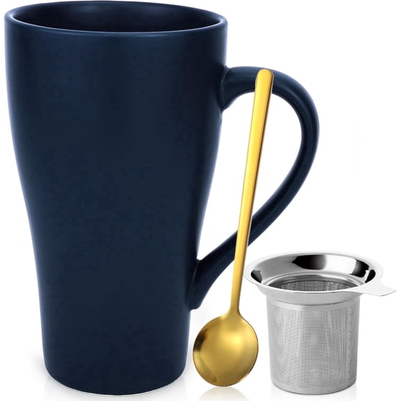 Farcauo Large Mug 500 ml Tea Mug with Strainer XXL Coffee Mug Ceramic Tea Mug Original with Spoon & Coaster 500 ml Coffee Mug Cute Birthday Gift Tea Coffee Cup Gift (Dark Blue)