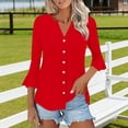 thumbnail image 4 of Craaazy Women's Relaxed Fit V Neck Blouse, Solid Color 3/4 Sleeve Flare Cuff Top, Loose Comfy Button Accent Casual Tee for Spring & Summer Gifts, 4 of 7