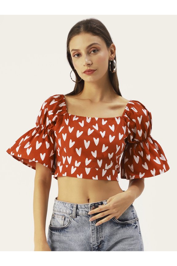 Women's Printed Cotton Semi Puffed Ruffled Elbow Sleeves Cropped Top High Waist Square Neck Casual Summer Wear Short Top