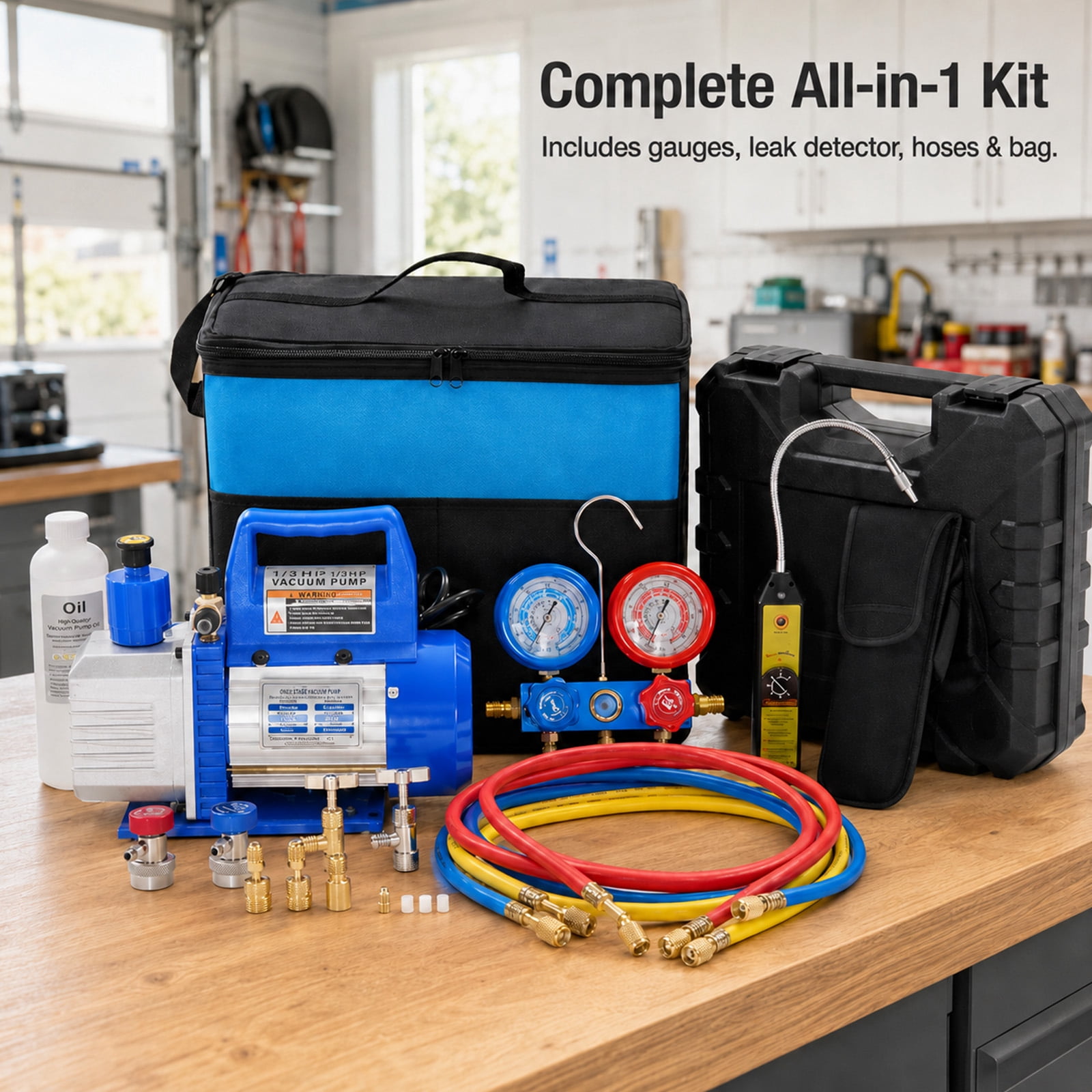 Alvantor 1/3HP 4CFM Vacuum Pump Kit with R13a R410A R22 R112 R410A Manifold Gauge Set, Leak Detector, R134a Quick Couplers, Can Tap & Carry Bag for AC Refrigeration Recharge