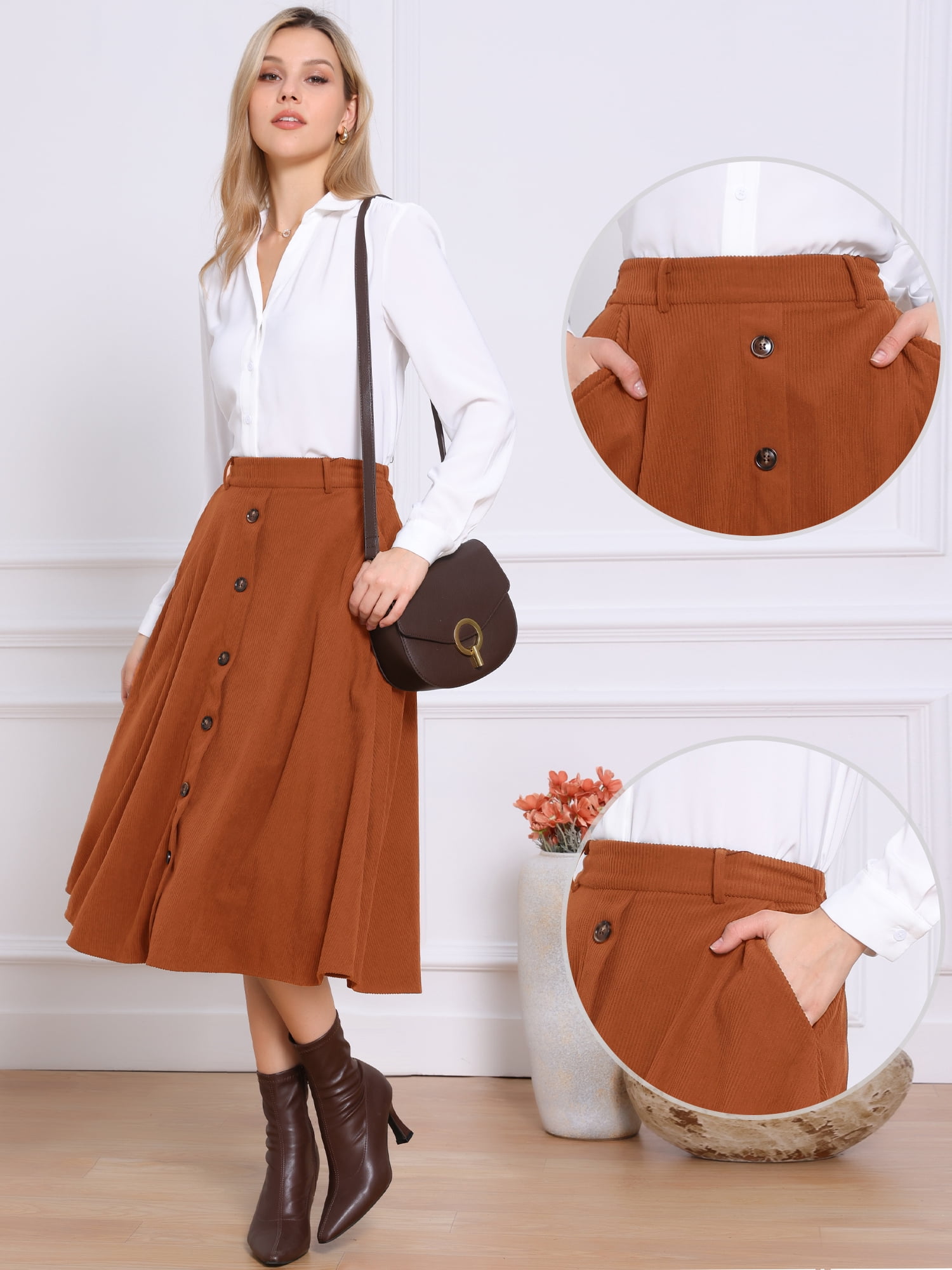 DARING DIVA Women's High Waist A Line Midi Skirts with Pockets X-Small Caramel