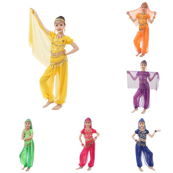 RMGVDSD Children's Sequin Mesh Belly Dance Clothes Short Sleeve Crop Top and Pants Set Girls Belly Dance Active Wear Halloween Party Outfit 5-6 Years