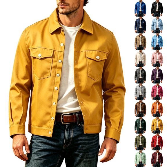 Workwear Jacket for Men Solid Color Long Sleeved Lapel Button Multi Pockets Jacket for Travel & Outfit Wear