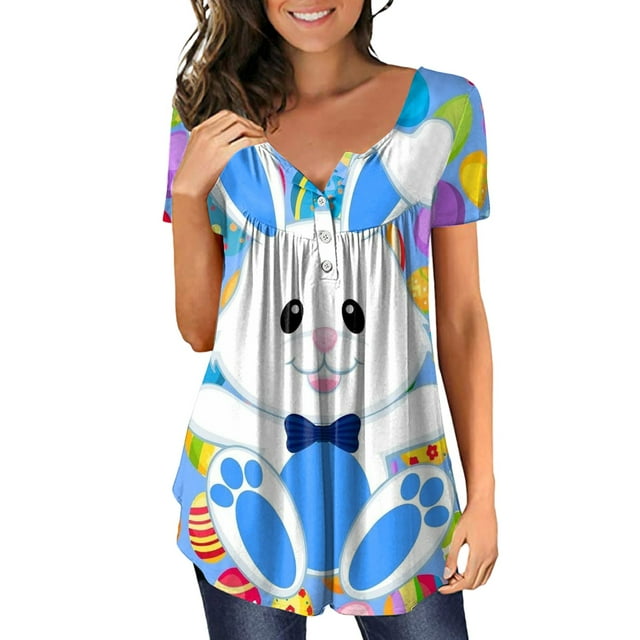Fvwitlyh Femmes T-Shirts Ample Ajustement Chemise pour les Femmes Convenable Pâques Chemises d'Impression Col Rond Manches Courtes Tee Tops Tunique Chemisier Bleu, M