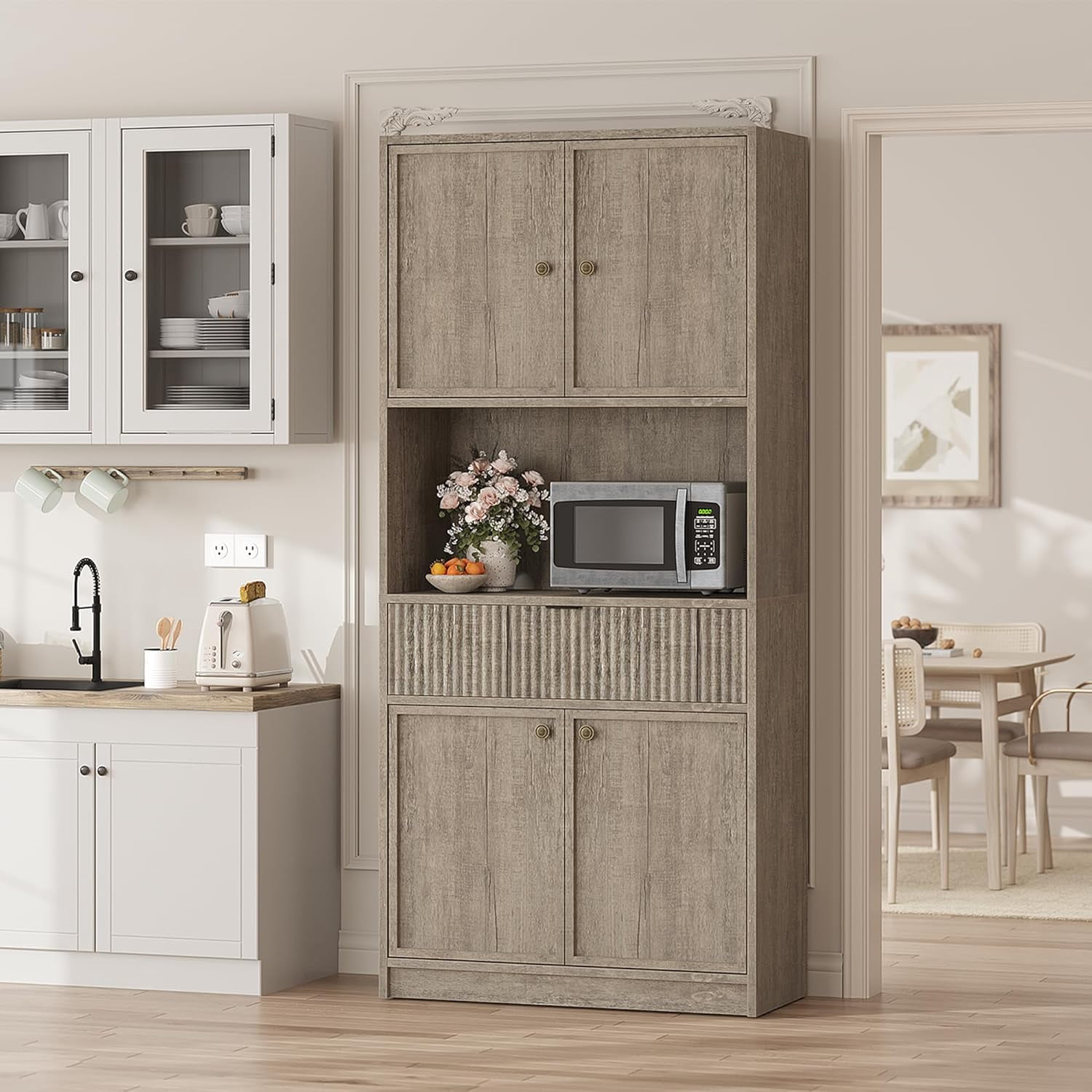 Tall Kitchen Pantry Cabinet, 70" Storage Cabinet with Countertop Shelf and Drawer, Freestanding Fluted Kitchen Hutch Cupboard for Dining Room, Living Room，Grey