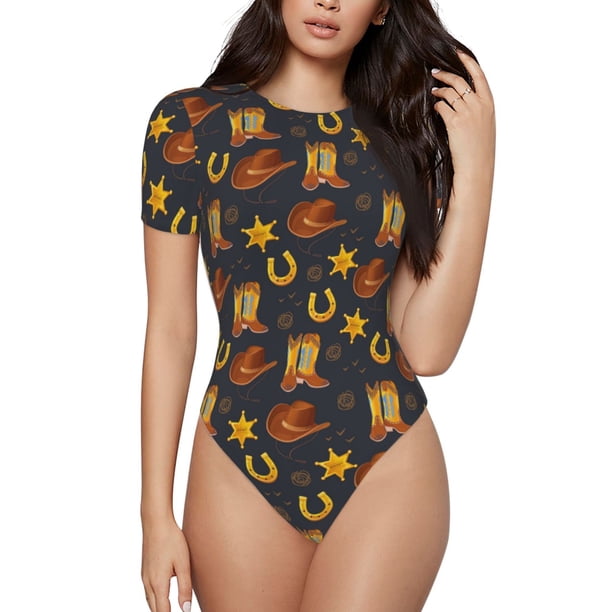 Balery Wild West Golden Horseshoe Body de cuello redondo de manga corta para mujer Tops de manga corta Tops básicos-Medium