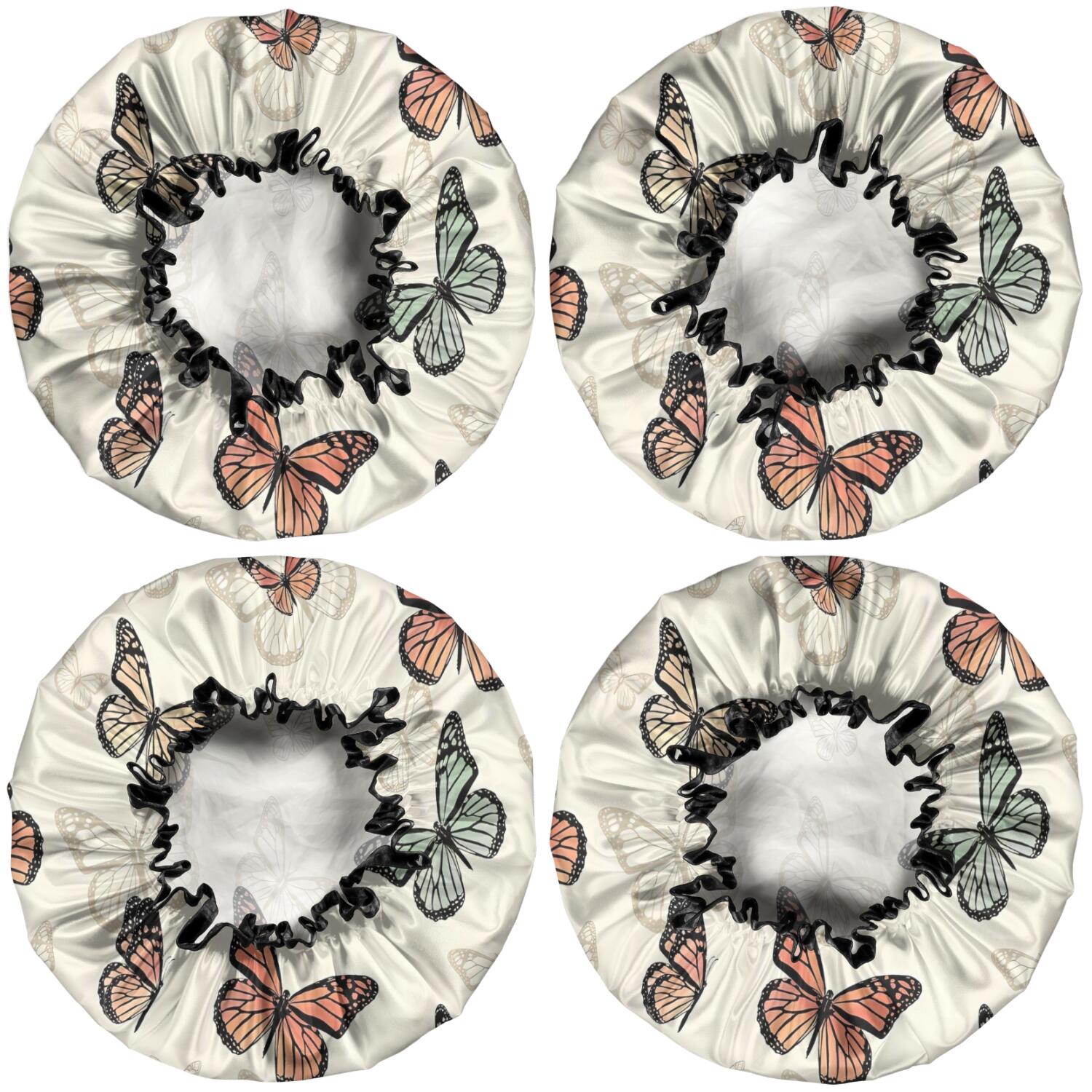 Shower Caps,Beige Butterfly Pattern Waterproof Shower Cap for Women 4 Pieces,Double Reusable Hair Cover for Shower PEVA Elastic Stretch Hem