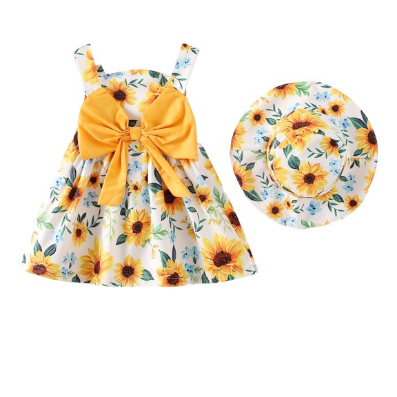 6 Months Baby Girls Dress 12 Months Girls Sleeveless Dress Sunflower Print Infant Girls Summer Floral Dress with Hat Yellow