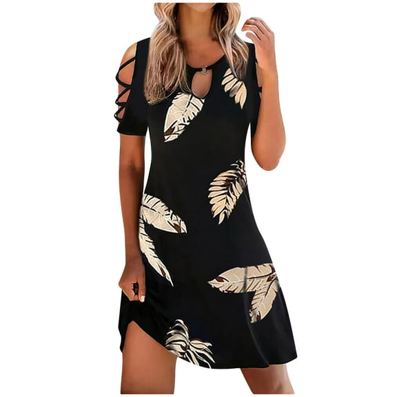 Honeeladyy Deals Summer Dresses for Women Beach Vinatge Floral Print Boho Short Sleev Dress Metal Buckle Cutout O-Neck Bodycon Dresses