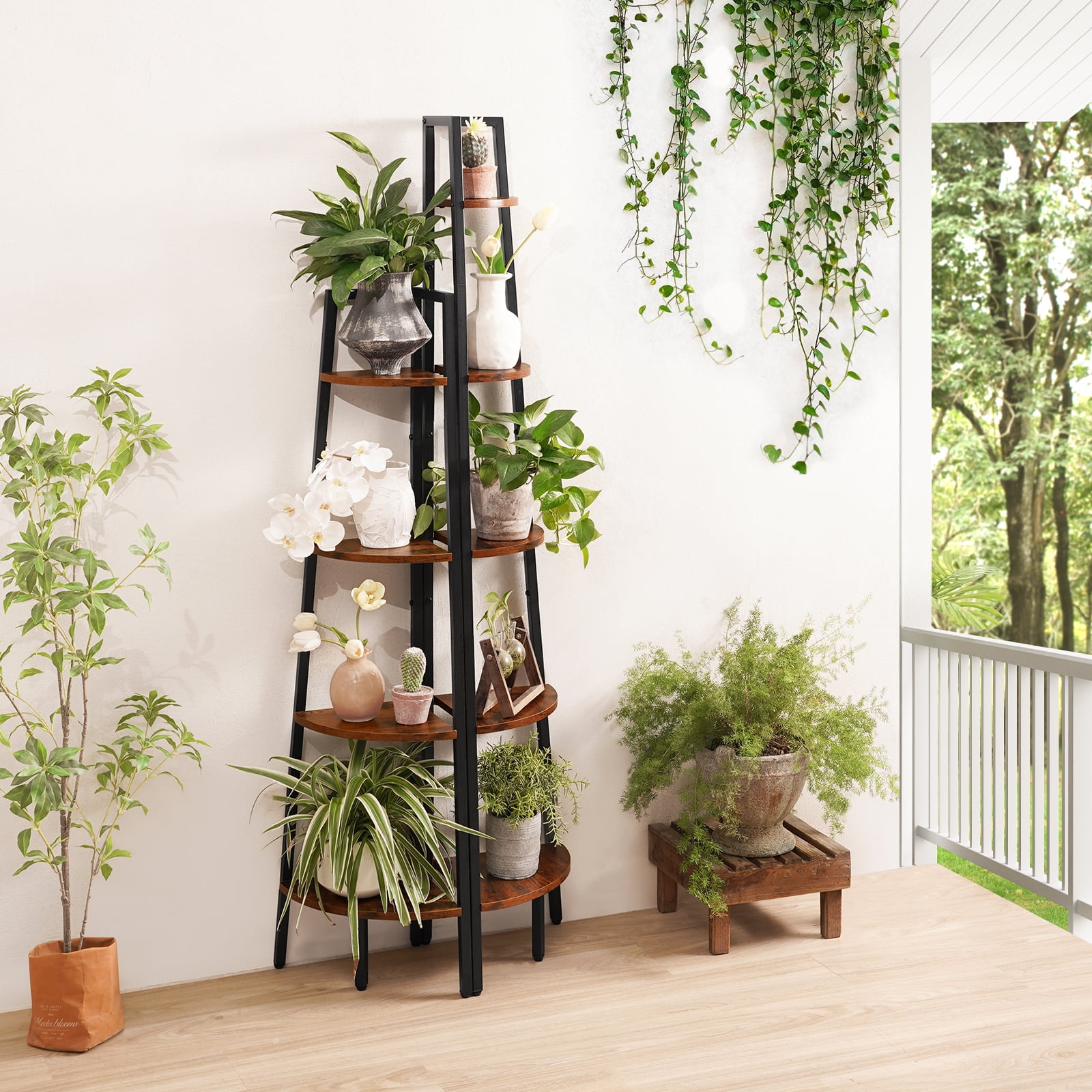 Yoobure 4-Tier Corner Bookshelf with Metal Frame,Ladder Display Shelf for Bedroom and Living Room, Tall Wood Corner Bookcase and Plant Stand