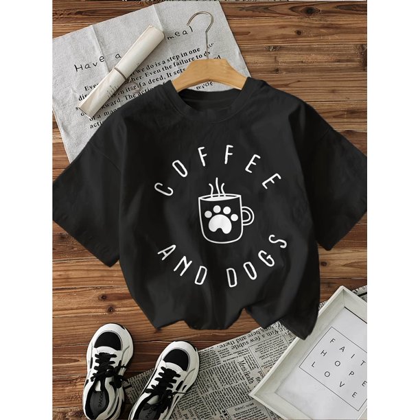Women'S T-Shirt with Coffee and Dogs Graphic Print, Casual Crew Neck Short Sleeve Top Knit Fabric All-Season Comfort